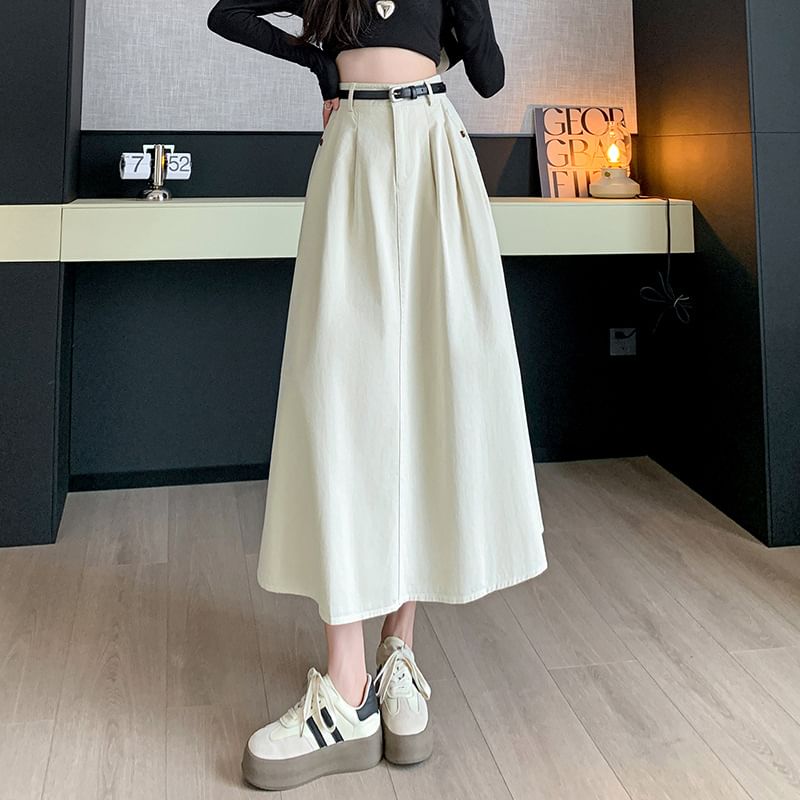 High Waist Plain Pleated Midi A-Line Denim Skirt