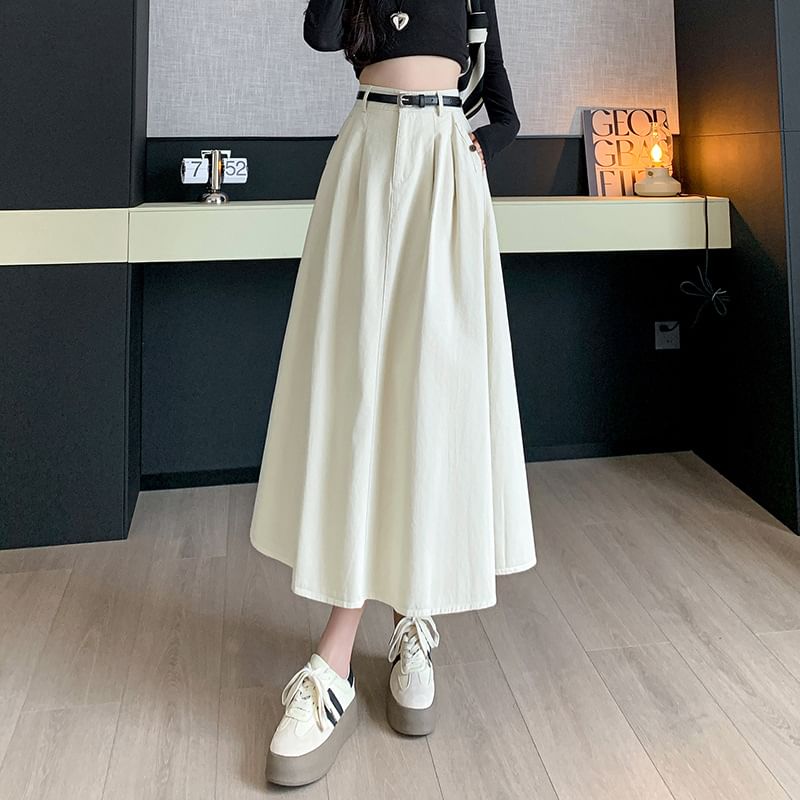 High Waist Plain Pleated Midi A-Line Denim Skirt