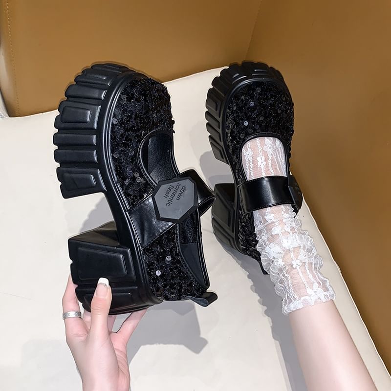 Mary Shoes Sequined Platform Jane