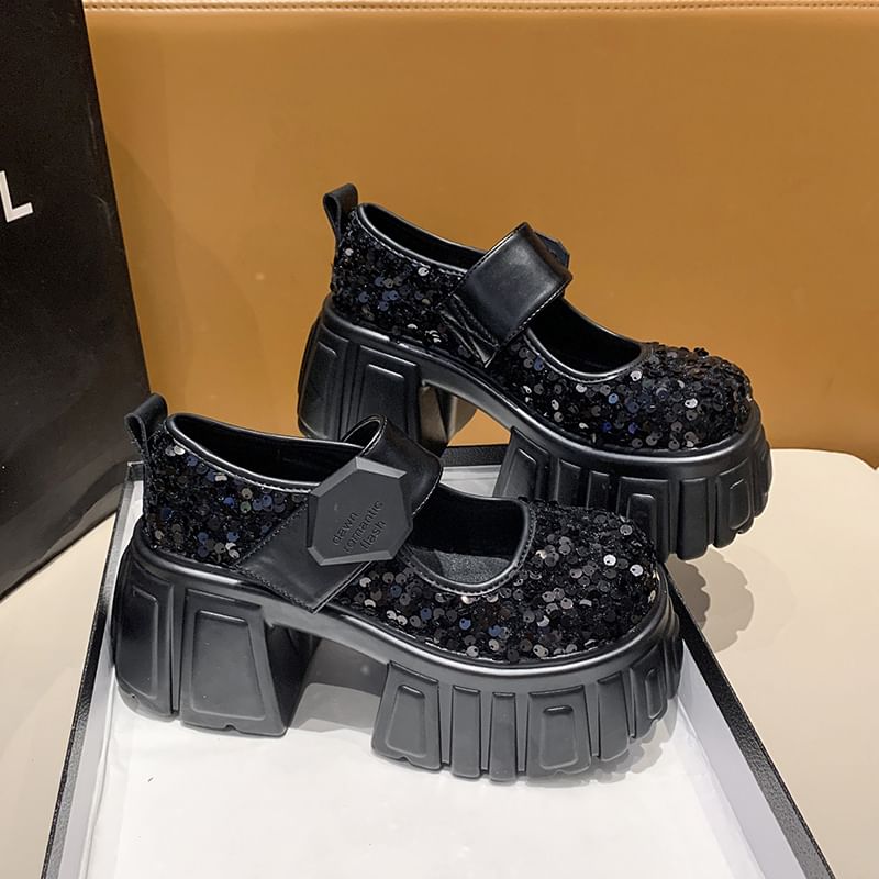Mary Shoes Sequined Platform Jane