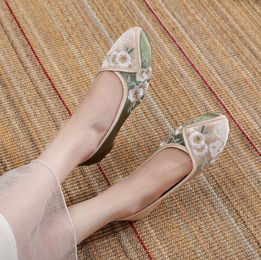 Pumps Heel Embroidered Low Flower