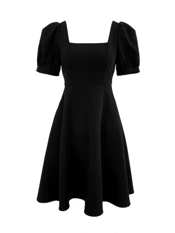 A-Line Puff Neck Mini Square Dress Sleeve Plain