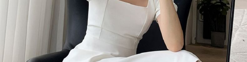 A-Line Puff Neck Mini Square Dress Sleeve Plain