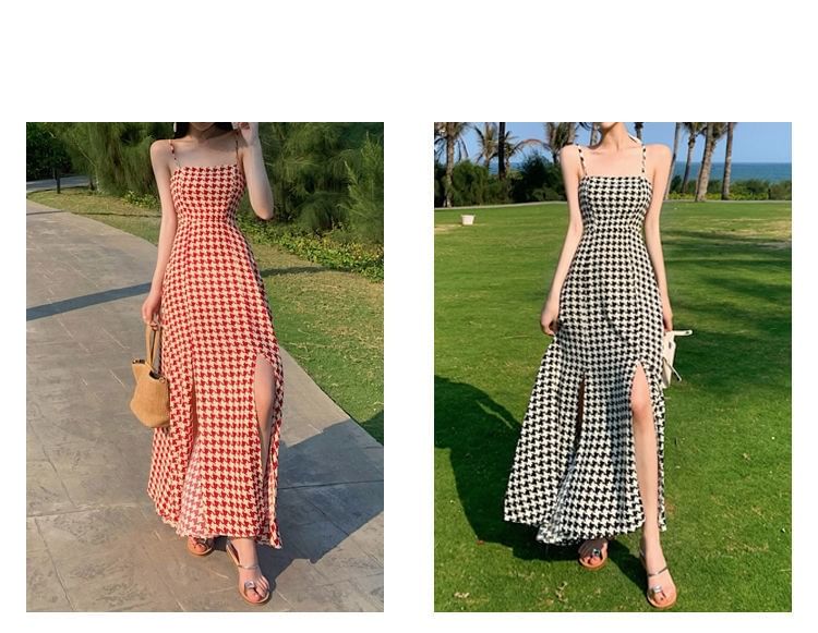 Houndstooth Strap Slit Dress Maxi Spaghetti A-Line