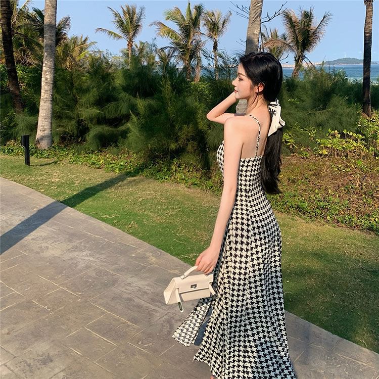 Houndstooth Strap Slit Dress Maxi Spaghetti A-Line