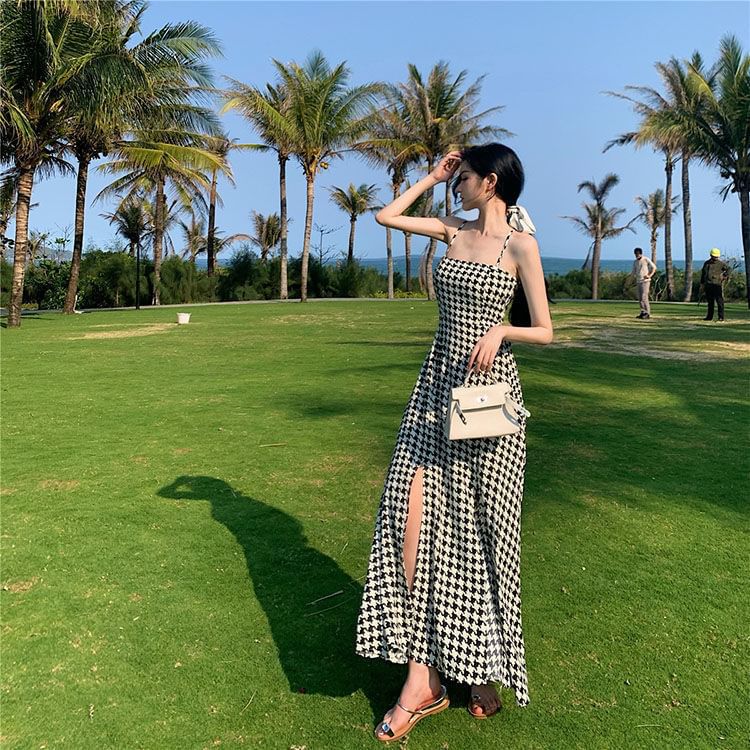 Houndstooth Strap Slit Dress Maxi Spaghetti A-Line
