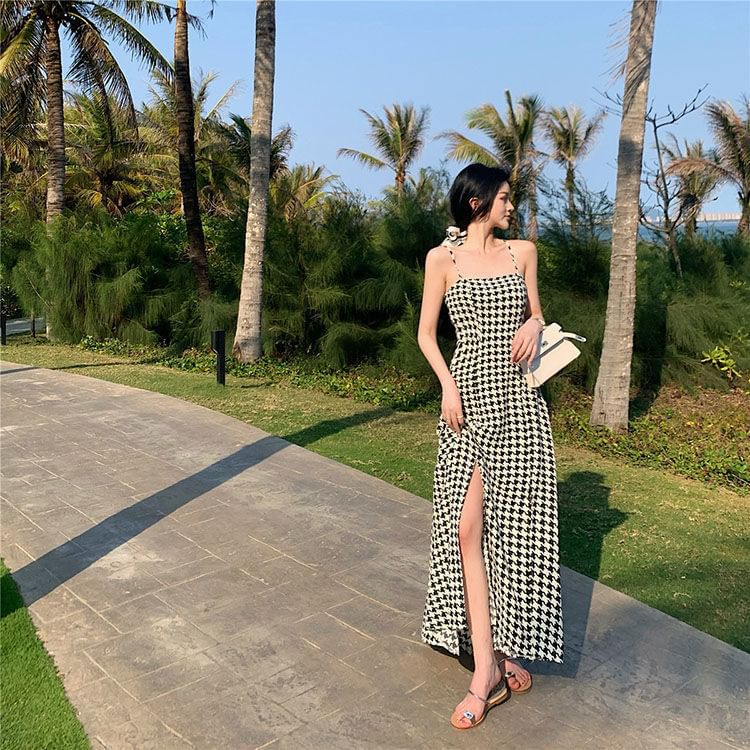 Houndstooth Strap Slit Dress Maxi Spaghetti A-Line