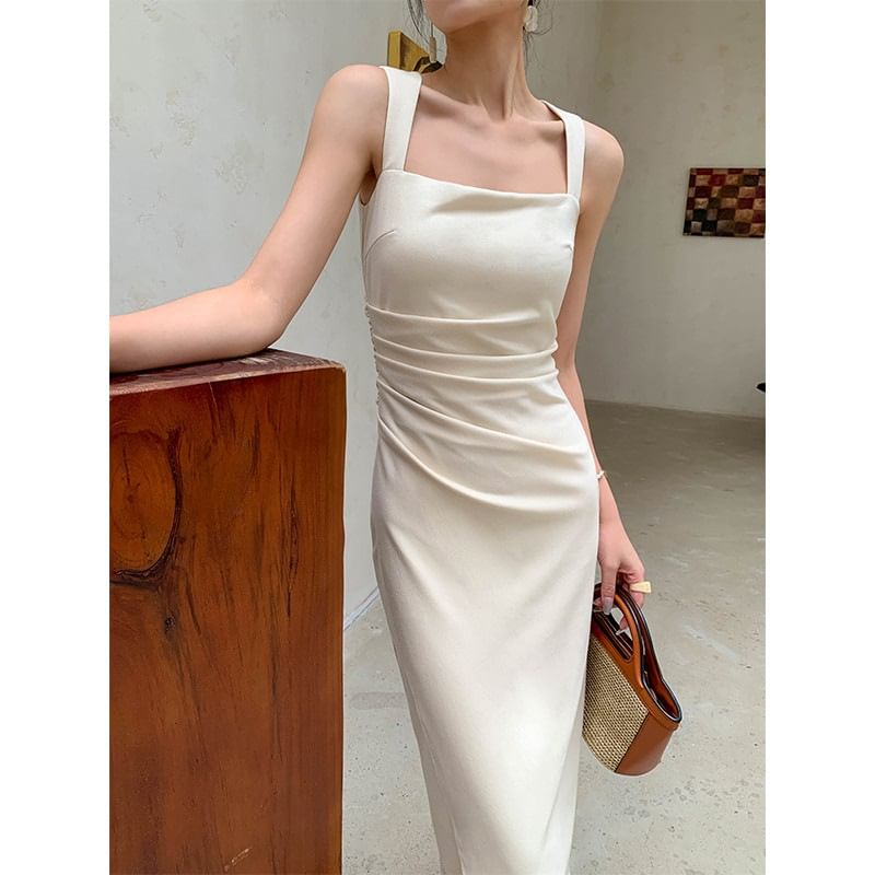 Sleeveless Sheath Plain Dress Midi Square Neck Ruched