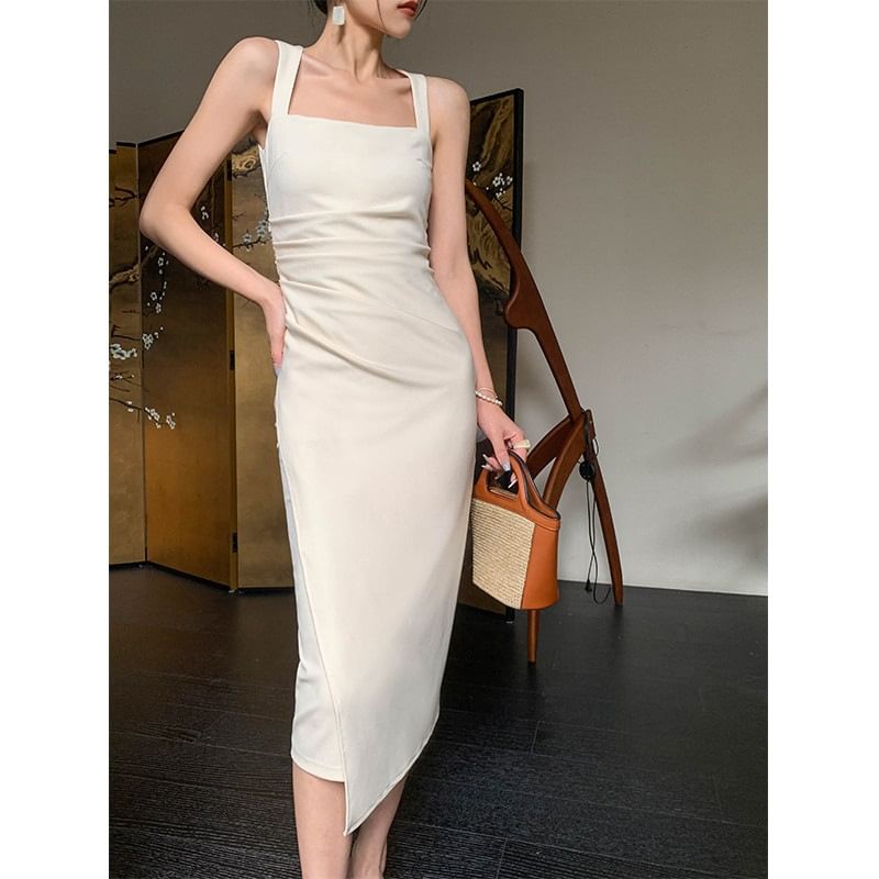 Sleeveless Sheath Plain Dress Midi Square Neck Ruched