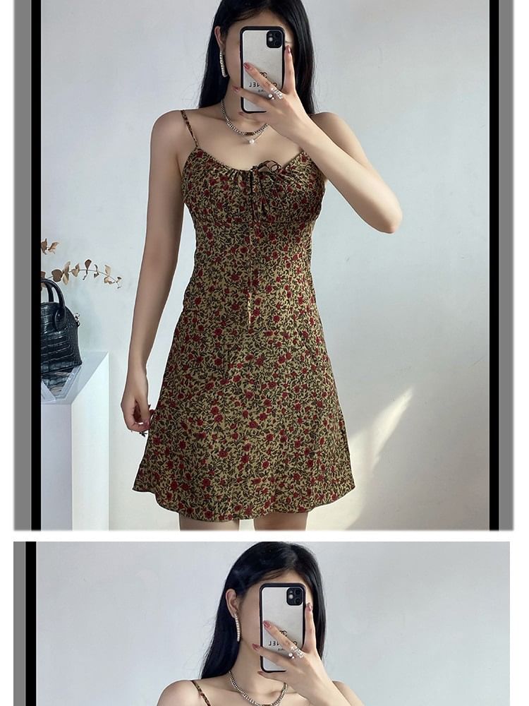 Print A-Line Spaghetti Strap Dress Tie Mini Floral Front