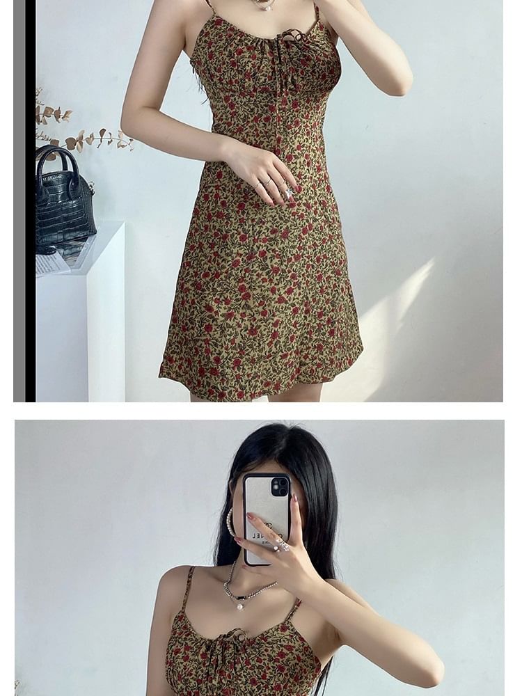 Strap Mini Floral Tie Dress Print Front A-Line Spaghetti