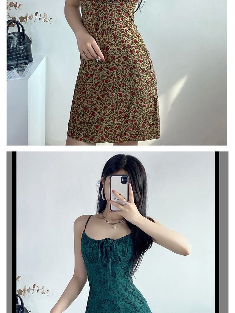 Strap Mini Floral Tie Dress Print Front A-Line Spaghetti
