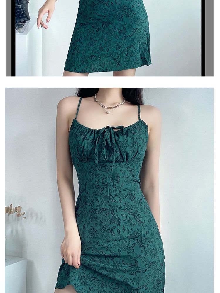 Print A-Line Spaghetti Strap Dress Tie Mini Floral Front