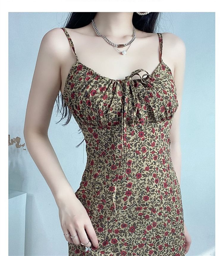 Strap Mini Floral Tie Dress Print Front A-Line Spaghetti