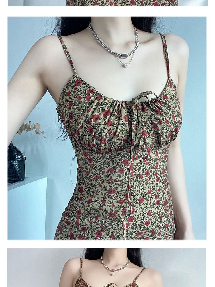 Strap Mini Floral Tie Dress Print Front A-Line Spaghetti