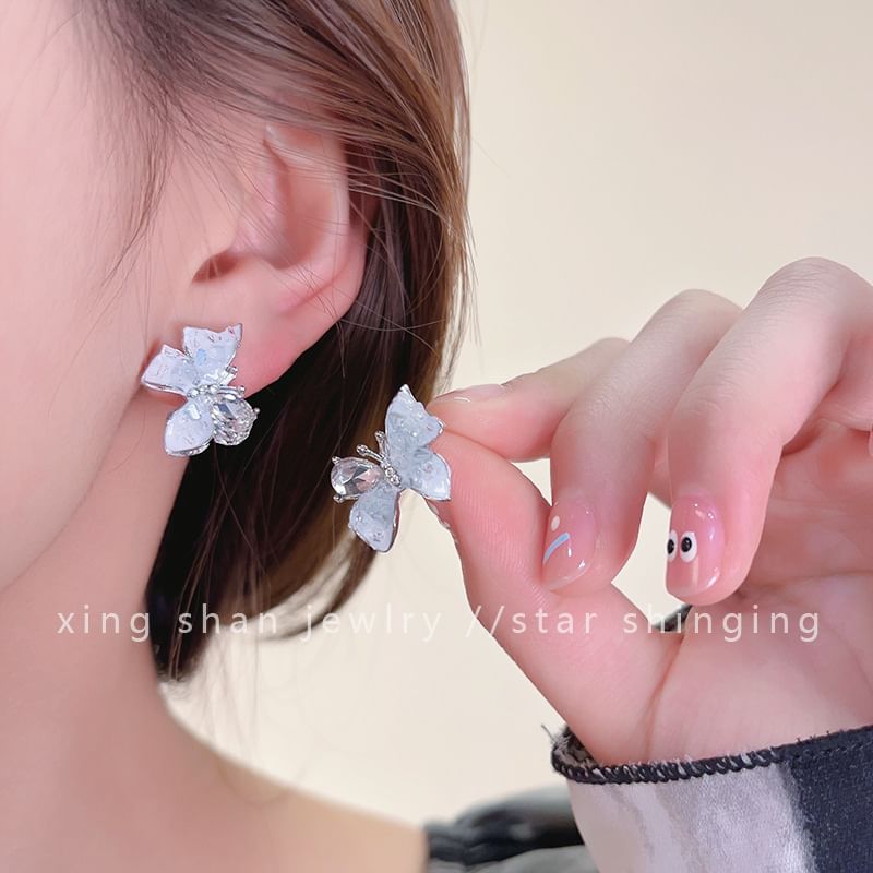 Faux Rhinestone Ear Earring Stud Crystal Butterfly Clip-On /