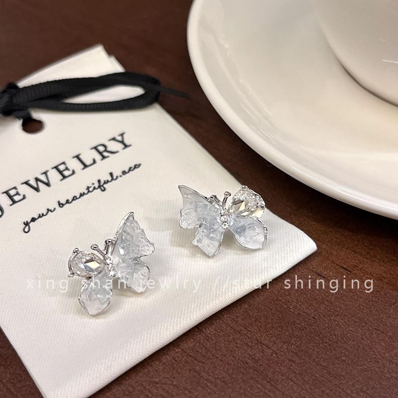 Faux Rhinestone Ear Earring Stud Crystal Butterfly Clip-On /