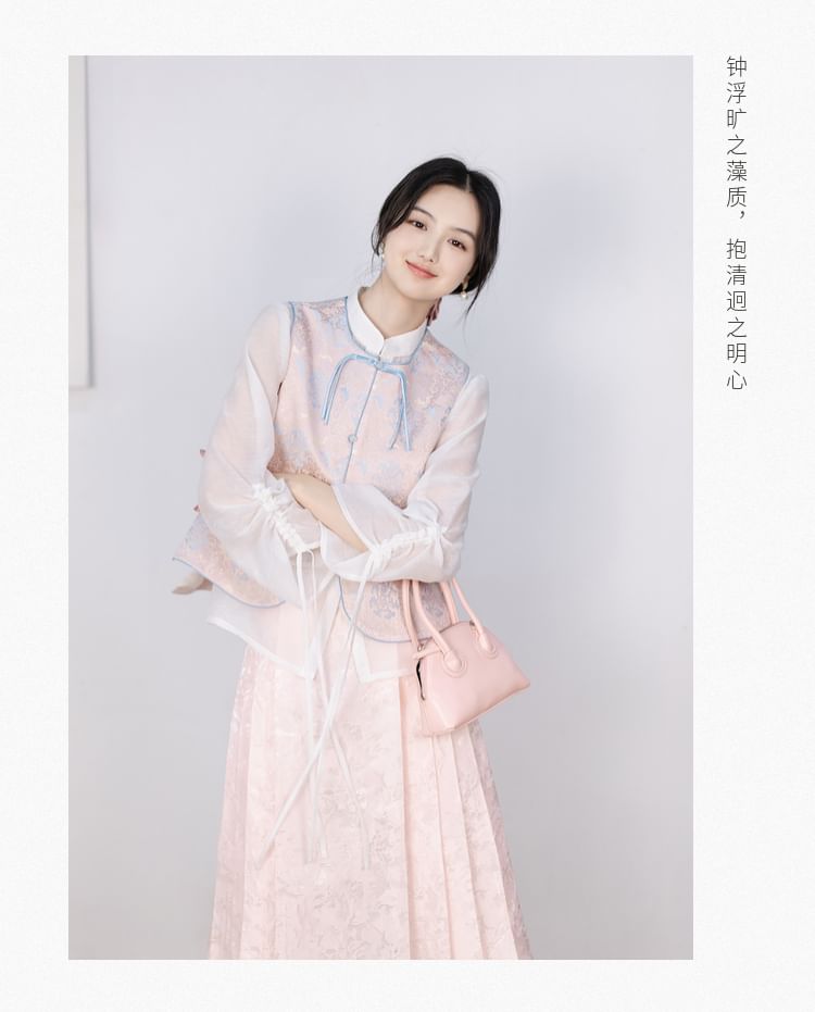 Puff-Sleeve Plain Blouse / Frog Buttoned Hanfu Vest / High Waist Mini Pleated A-Line Skirt