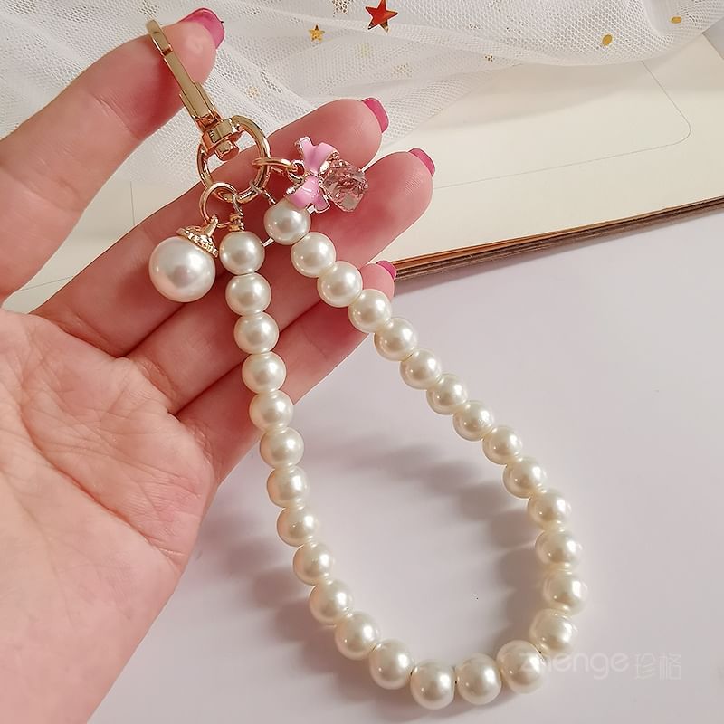 Bow Faux Pearl Phone Strap with Lanyard Pad