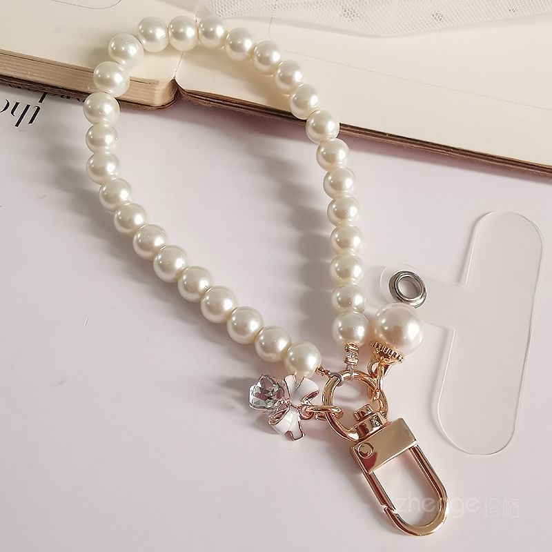 Bow Faux Pearl Phone Strap with Lanyard Pad