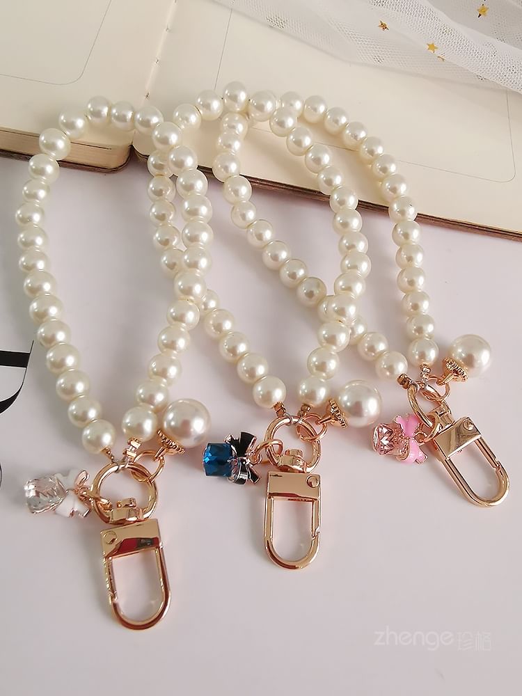 Bow Faux Pearl Phone Strap with Lanyard Pad