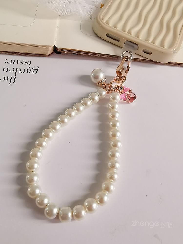 Bow Faux Pearl Phone Strap with Lanyard Pad