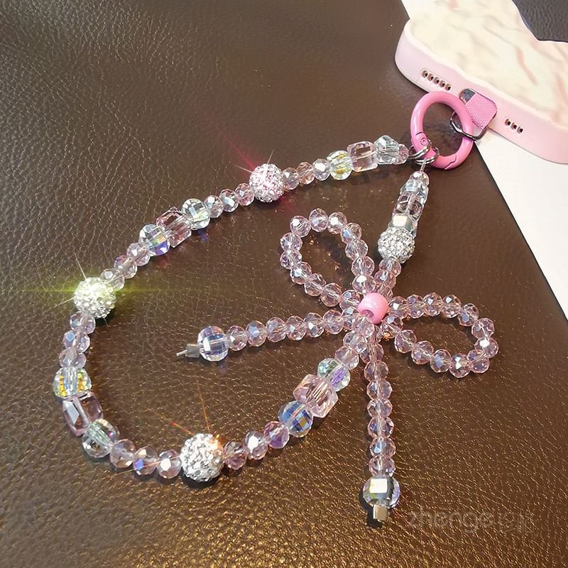 Bow Faux Crystal Phone Strap with Lanyard Pad