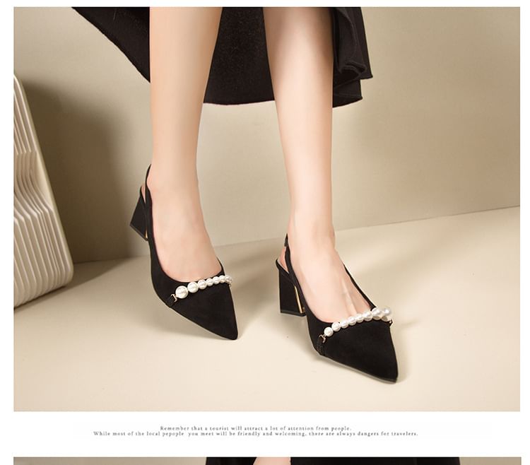 Block Beaded Heel Pointed Slingback Sandals