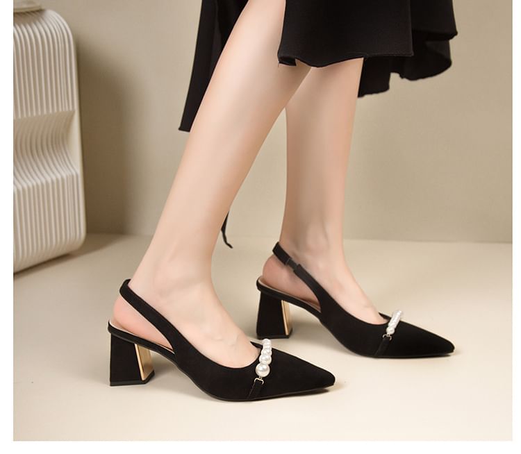 Block Beaded Heel Pointed Slingback Sandals