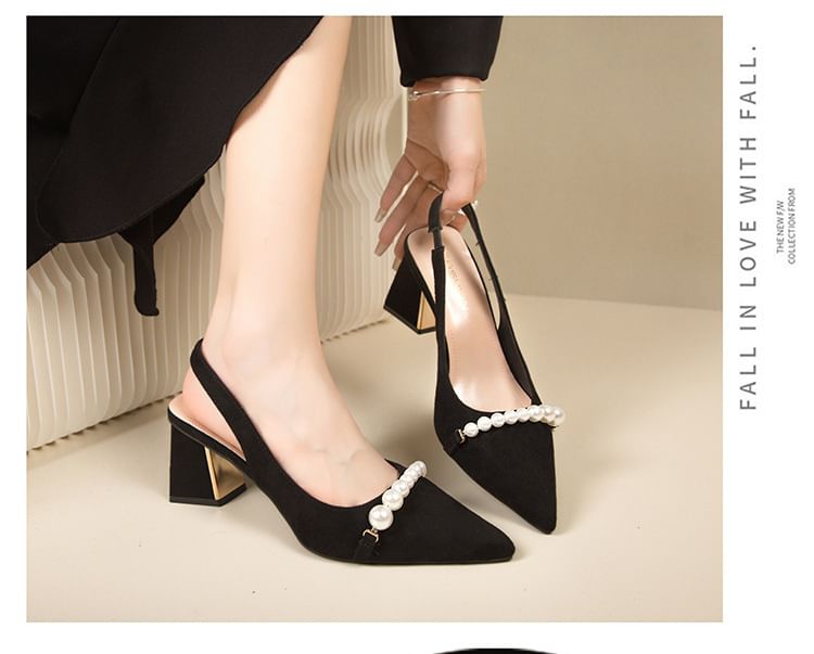 Block Beaded Heel Pointed Slingback Sandals