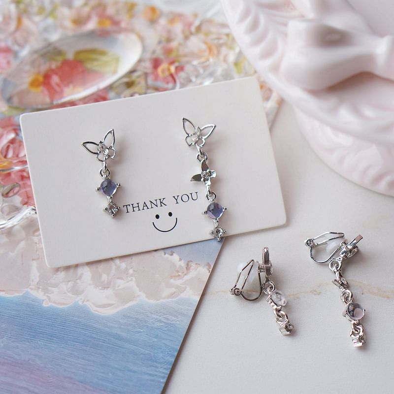 Asymmetrical Alloy Earring Butterfly Crystal Faux Dangle