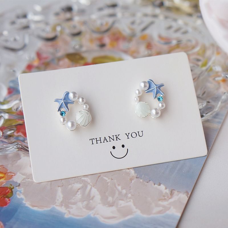 Faux Earring Pearl Stud Starfish Alloy Shell