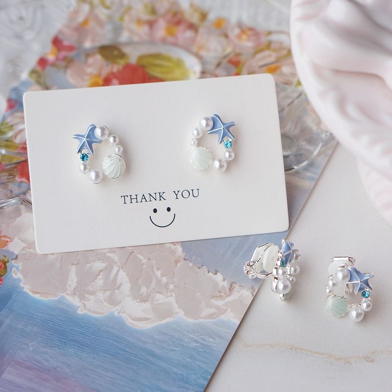 Faux Earring Pearl Stud Starfish Alloy Shell