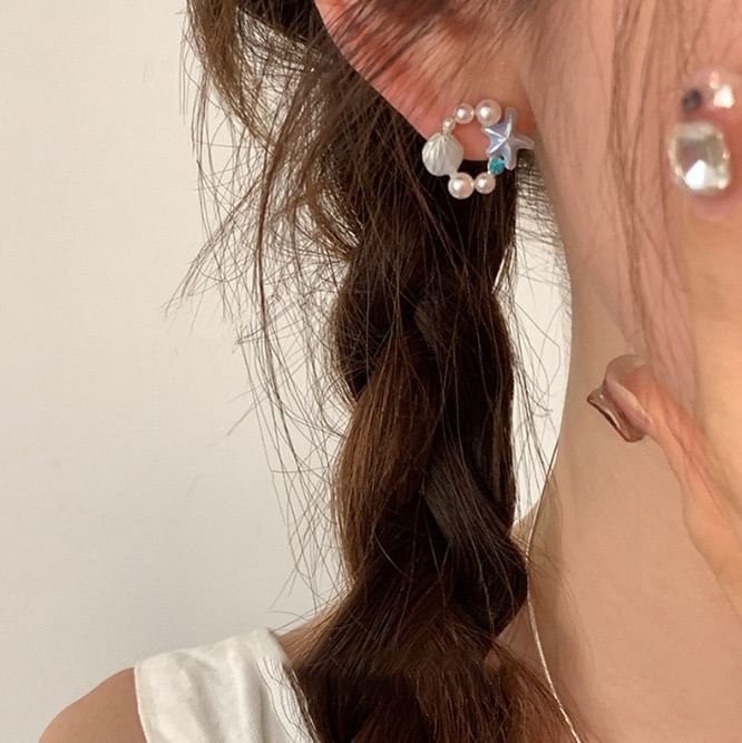 Faux Earring Pearl Stud Starfish Alloy Shell