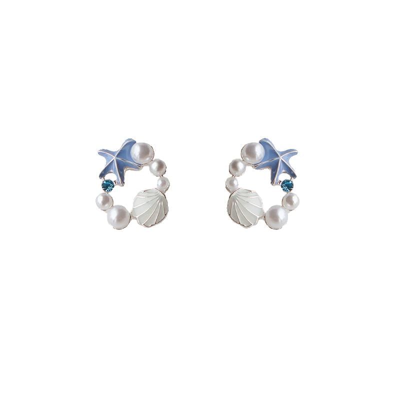 Faux Earring Pearl Stud Starfish Alloy Shell