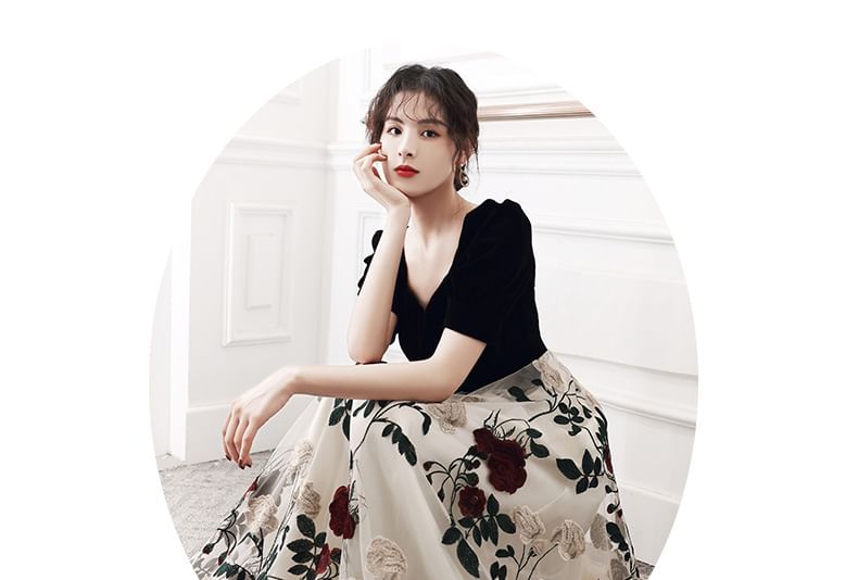 Short-Sleeve Sweetheart Neckline Floral Embroidered Panel A-Line Evening Gown / Cocktail Dress