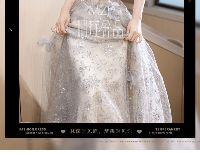 Pearl Floral Sleeveless Evening Round Faux Patterned Neck Gown A-Line Mesh