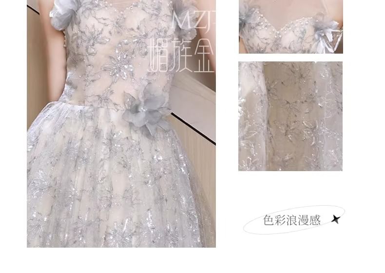 Pearl Floral Sleeveless Evening Round Faux Patterned Neck Gown A-Line Mesh