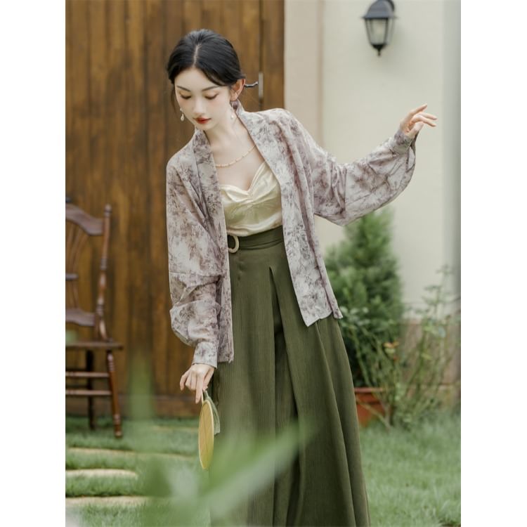 Floral Cami Top / High Waist Plain Culottes / Open Front Light Jacket / Set