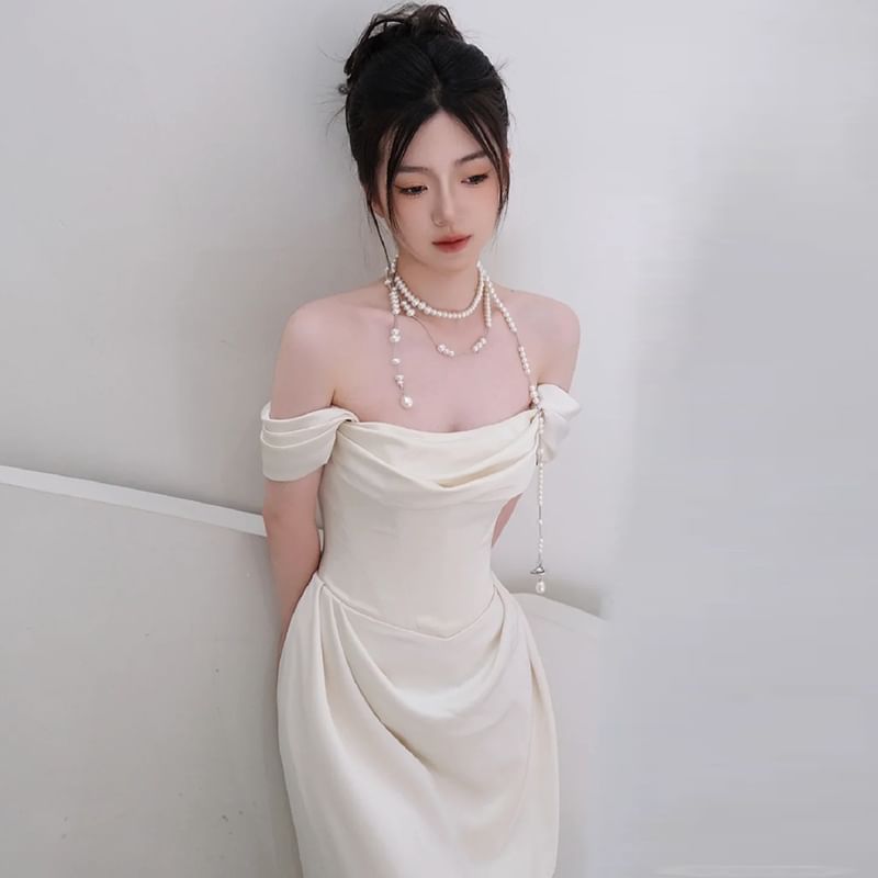 Off Shoulder Plain Ruched Satin A-Line Wedding Gown