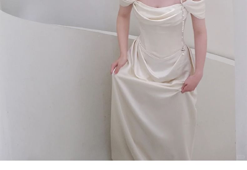 Off Shoulder Plain Ruched Satin A-Line Wedding Gown