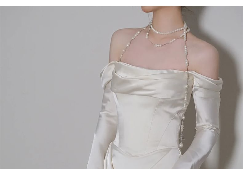 Off Shoulder Plain Ruched Satin A-Line Wedding Gown