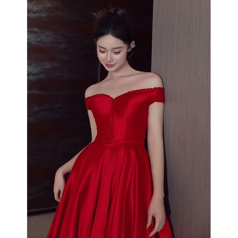 Short-Sleeve Off Shoulder Plain Beaded Satin A-Line Evening Gown