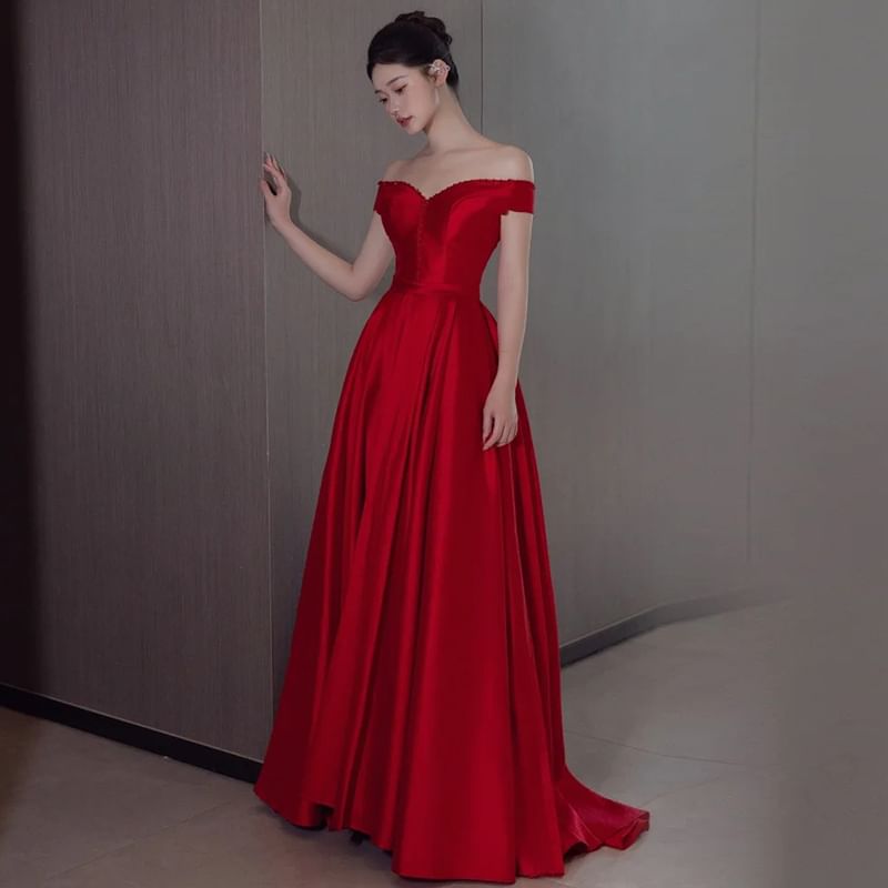 Short-Sleeve Off Shoulder Plain Beaded Satin A-Line Evening Gown