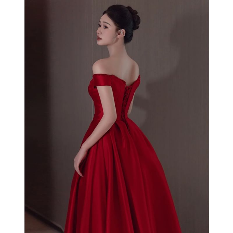 Short-Sleeve Off Shoulder Plain Beaded Satin A-Line Evening Gown