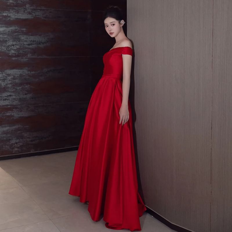 Short-Sleeve Off Shoulder Plain Beaded Satin A-Line Evening Gown
