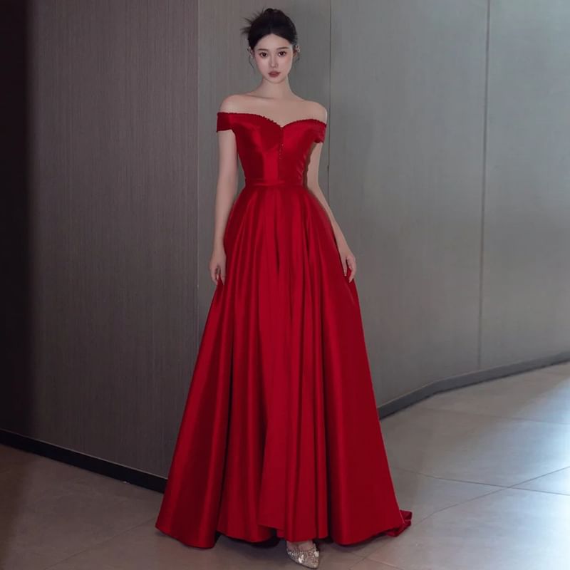 Short-Sleeve Off Shoulder Plain Beaded Satin A-Line Evening Gown
