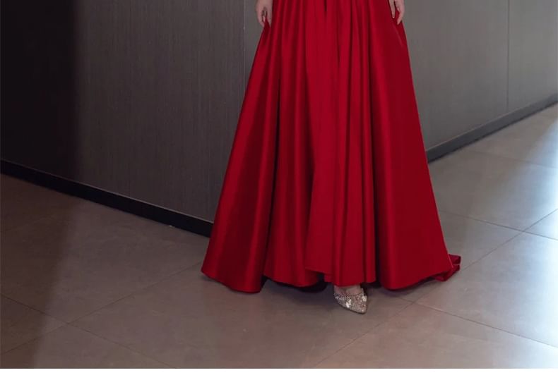 Short-Sleeve Off Shoulder Plain Beaded Satin A-Line Evening Gown