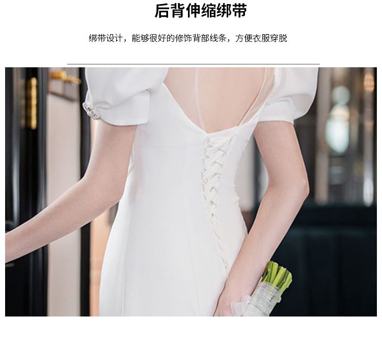 Short-Sleeve Plain Flower Mermaid Wedding Gown