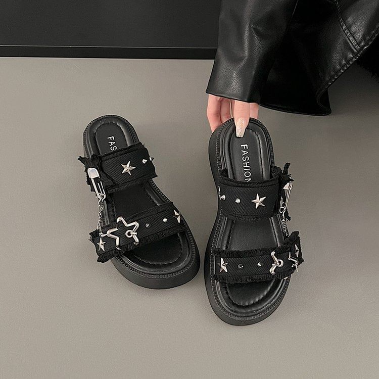 Platform Star Buckled Denim Slide Sandals